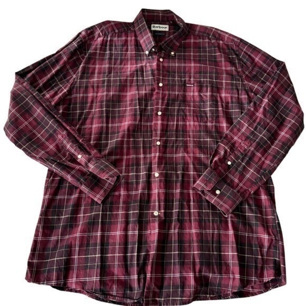 Barbour Shirt Mens XXL Burgundy Red Plaid Tartan Tailored Fit Long Sleeve Button